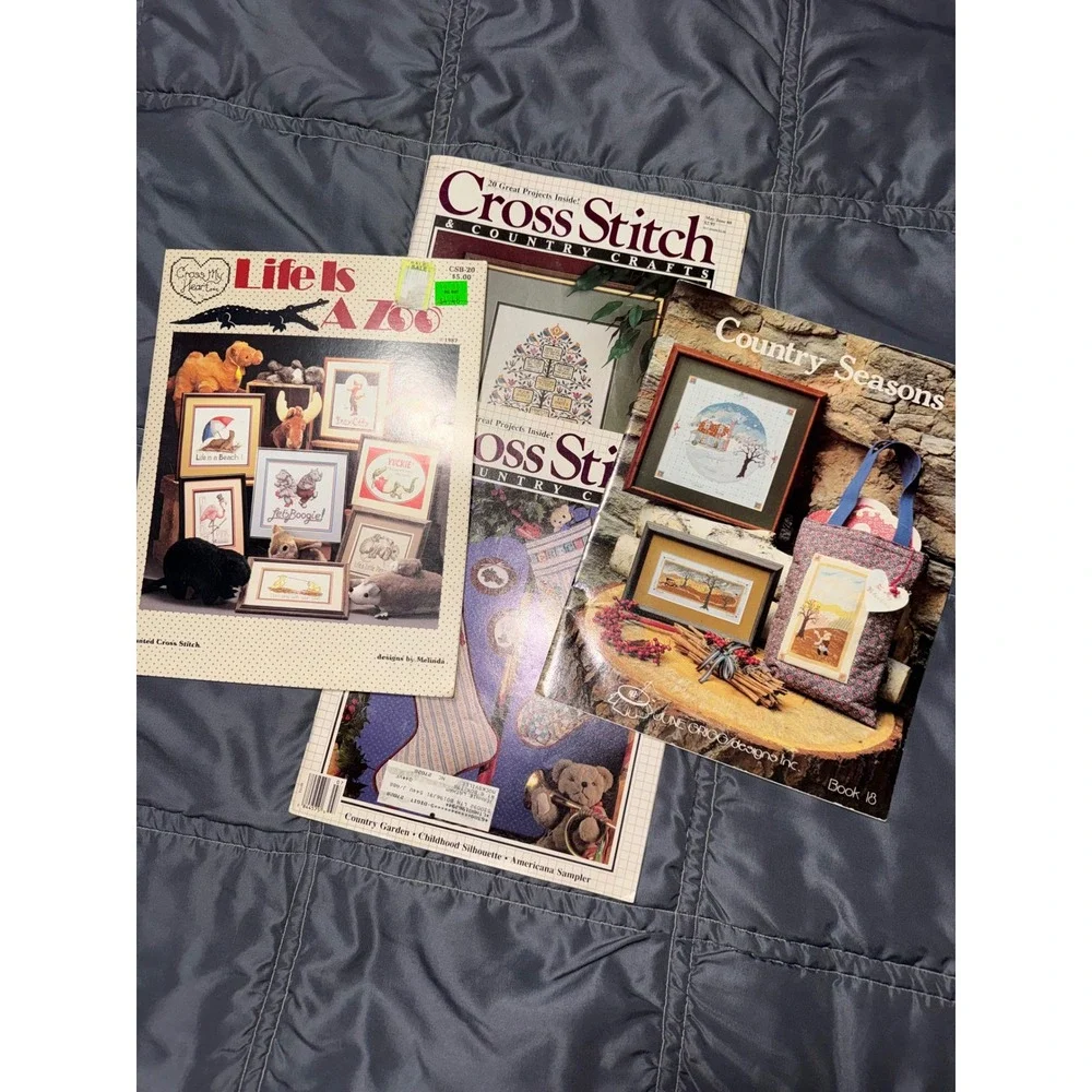 Vintage Cross Stitch Pattern Book Lot Country Crafts Life Is A Zoo 1980s 3pc